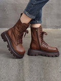 IFOMT Vintage Cow Leather Mid Heels Height Boots