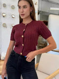 IFOMT Angora Red Single Breasted Twist Knitted T-Shirt Short Sweater Top Women‘s Casual Chic Solid Slim Short Sleeve Top FemaleChristmas Gifts