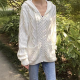 Ifomt New White Twist Hooded Sweater Women Autumn Winter Loose Cute Long Sleeve Knitted Cardigan Sweet Vintage Preppy Style Jumper Top