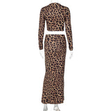 IFOMT Outfits s Leopard Print Long Sleeve  Top Ruched Long Mermaid Skirt Women'S Sets Y2K Streetwear Elegant Evenning Casual Clothing