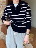 IFOMT Stripe Splice Lapel Neck Half Zip Sweater