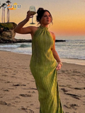 Ifomt Chic Green Halter Maxi Dress For Women Fashion Sleeveless Backless Party Dresses New Female 2025 Summer Holiday Beach Vestidos