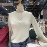 Ifomt New Autumn Beige Thin Transparent Long Sleeve Knitted Sweater With Hollowed Out V-neck Solid Color Basic Pullovers Top