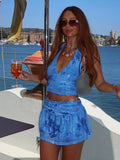 Ifomt Sleeveless V-neck Backless Lace Up Halter Top Suit Sexy High Waisted Blue Printed Skirt Set Summer Fashion Seaside Vacation Sets