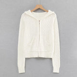 Ifomt White Solid Color Sweater Jackets Women's Autumn Winter Zipper Hoodie Coat Top Casual Fashion Korean Chic Twist Knit Outerwear