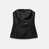 Ifomt Elegant Solid Denim Women Trouser Suits Lapel Pocket Jacket Strapless Tanks Straight Pants 2025 Spring New Fashion Female Sets