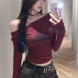 IFOMT Gothic Print Grunge T Shirt Women Long Sleeve Off Shoulder Y2k Vintage Tops Streetwear Korean Style Crop Top Autumn Winter