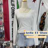 Ifomt Lace Trim Round Neck Long Sleeve Women T-shirts Three Button Cotton Blend Fall Spring Tees Solid Color White Y2K Tight Top Woman