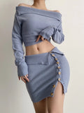 IFOMT Taruxy Knitted Skirt Sets Two Piece Off Shoulder Long Sleeve Tops High Waist Mini Skirts 2022 Autumn Matching Set Co-Ord Outfits