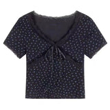 IFOMT Korean Kawaii Lace Patchwork Women T-shirt Y2K Aesthetic Vintage Floral Top Bow Knot  V-neck Short Sleeve Crop Top Elastic Slim