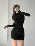 IFOMT Women's Tight Hip Wrap Mini Dress with Sleeves Spicy Girls Slim Dresses Bodycon Party Clothing Sexy Summer