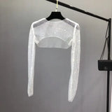 IFOMT Mesh Ironing Diamond Women Cover Up Beach Asymmetric See-through Long-sleeved Tshirts Hot Girl Sexy Hollow Shrug FemmeChristmas Gifts