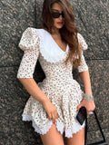 IFOMT Lace-up Slim Floral Dress Women Elegant Luxury Lace Turn Collar Short Sleeve Folds Dresses Femme Party Retro Dress LadyChristmas Gifts