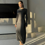 IFOMT Outfit New Solid Color Round Neck Long-Sleeved Package Hip Sexy Long Dress Autumn And Winter Waisted Bottoming Long Skirt