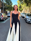 Ifomt 2025  Summer Elegant Contrast Patchwork Lady Spaghetti Strap Maxi Dress Backless Sleeveless High Waist A-line Robe Party Dresses