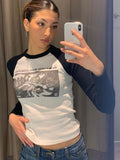 Ifomt Vintage Rock Graphic Long Sleeve T-shirts Women Autumn New Print Cotton Ribbed T Shirt Female Retro Streetwear Slim Y2k Tops