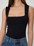 IFOMT Spring Outfits Black Solid Basic Skinny Square Collar Sleeveless Bodysuit Women