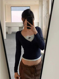 IFOMT Patchwork Fake Two-piece T-shirt Vintage Crop Top Women Y2k Basic Skinny Full Sleeve T Shirts 2000s Aesthetic Fall Top Casual