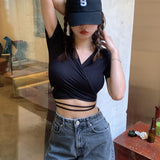IFOMT Summer Casual Tee Tops Women T shirts Solid V-neck Sexy Cropped Top Cross Tie-Up Harajuku Basic Korean Street T-shirts mujer Y2k