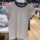 Ifomt Vintage Striped Slim Crop Top Women Summer Basic Short Sleeve Round Neck Soft Cotton T-shirts Female Casual Simple Y2k Tops 2025