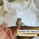 Ifomt Little Bear Holding Flower Embroidery Cute O-neck Tank Top Sweet Chic Ribbed White Summer Vest Tight Casual Tops Clothing New