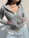 IFOMT Spring Outfits Gray Zip Up Knitted Hooded Jackets Women Pockets Details Solid Simple Basic Minimalist Slim Long Sleeve Hoodies Knitwear