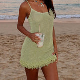 Ifomt Sexy Solid U Neck Slim Fit Spaghetti Strap Mini Dress Chic Sleeveless Tassel Patchwork Vestidos New Lady Cocktail Party Dresses
