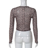 IFOMT Outfit  Leopard Print Long Sleeve O Neck Sheer See Through Tshirt Tops Fashion Casual Clothing Y2K Streetwear Wholesale Clothing