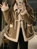 IFOMT Suede Splice Horn Buckle Lapel Neck Jacket