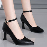 IFOMT  Classic Black Thin Heels Pumps Women Pointed Toe Ankle Strap High Heels Shoes Woman Pu Leather Soft Sole Office Shoes