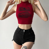 IFOMT Summer Tank Top Women Y2k Clothing Fashion Crop Top High Neck Red Printing Sleeveless Sexy Streetwear Girls' Short Tops