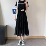 IFOMT Summer Women Chiffon Skirts Vintage High Waist Elastic Patchwork White Black Chic Mid Length Cake A-line Skirt for Student
