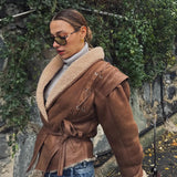 IFOMT Spring Outfits Women Elegant Irregular Hem Plush Lapel Coats Fashion Lace Up Pocket Long Sleeved Jacket 2025 Autumn Winter New Warm Outwear