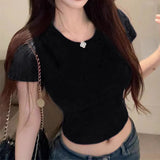 IFOMT Fashion Women T-shirt Short Sleeve O Neck Solid Slim Fit Ladies Crop Top Butterfly Hollow Backless for Casual Tops Summer 2024