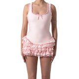 Ifomt hirigin Women Coquette Bodysuit Square Neck Sleeveless Slim Overalls Summer Short Playsuit Y2k Kawaii Lace Multi-layers Romper ootd outfit idea