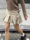 Ifomt Casual Women Fashion Soft Cotton Khaki Pleated Mini Skirts 2025 Summer Vintage High Waist Side Zipper Female Chic Bottoms