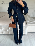 Ifomt Street Denim Shirt Jean Set Women Lapel Waist Up Long Sleeve Single Breasted Pocket Jacket Straight Trousers 2025 Lady Outfit