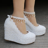 IFOMT  Crystal Queen White Wedges Wedding Pumps Sweet White Flower Lace Pearl Platform Pump Shoes Classic Bride Dress High Heeled Lady