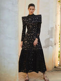 Ifomt Elegant Hollowed Lace Maxi White Dress Women Fashion Mock Neck Long Sleeved Shoulder Padded Robes 2025 Evening Women's Clothing