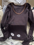 Ifomt Women's Brown Striped Cotton T-Shirt V Neck Slim Long Sleeve Tee Tops Female Streetwear Vintage Y2K Spring Autumn Woman Tshirt