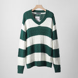 Ifomt Vintage Green Striped Knitted Sweater Women Autumn Winter V Neck Long Sleeve Oversize Pullovers Simple Casual Cotton Top Chic