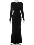 IFOMT Elegant Backless Bows Maxi Dress Female Chic Bodycon Long Sleeve Club Party Outfits Fashion Black Dresses Vestido Ladies