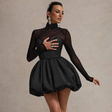 IFOMT Mesh Splice Long Sleeve Bud Dress For Women Turtleneck High Waist Folds Mini Dress Elegant Black Gown Sexy See Through