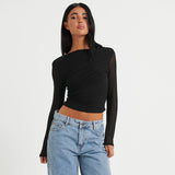 IFOMT Outfit Round Neck Pullover Solid Color Mesh Yarn Shrink Pleated Patchwork See-Through Short Neckless Long Sleeves Top T-Shirt