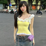 IFOMT Outfit Summer Fairies Light Yellow T-Shirt Solid Color Off Shoulder Gossip Lace Slim Crop Tops Casual Cute Sexy Sweet