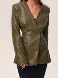 IFOMT Outfit Vintage PU Leather V-neck Jacket Women Elegant Solid Single Button Slim Fit Suit Jackets Female Spring Versatile Chic Streetwear
