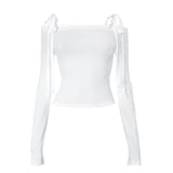 IFOMT Outfit Women Off Shoulder Long Sleeve T Shirts Autumn Y2K Elegant White Crop Tops Skinny Strapless Casual Basic Tees Bow