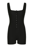 IFOMT Spring Outfits Black Ribbed Sleeveless Square Collar Skinny Sexy Rompers Buttons Details Solid Basic Tank Bodys Playsuits