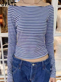 Ifomt New Sweet Pink Striped Long Sleeve T-shirt Women Spring Cotton Raw Hem Slash Neck Slim Tee Tops Casual Preppy Style Y2K T shirt