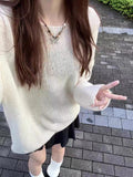 Ifomt New Autumn Beige Thin Transparent Long Sleeve Knitted Sweater With Hollowed Out Solid Color Basic Sheer Knitting Pullovers Top